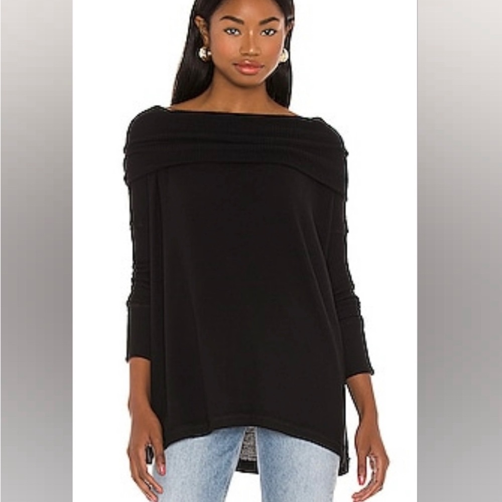 Free People Juicy Waffle Knit Top Surplice Back Cowl Neck Black